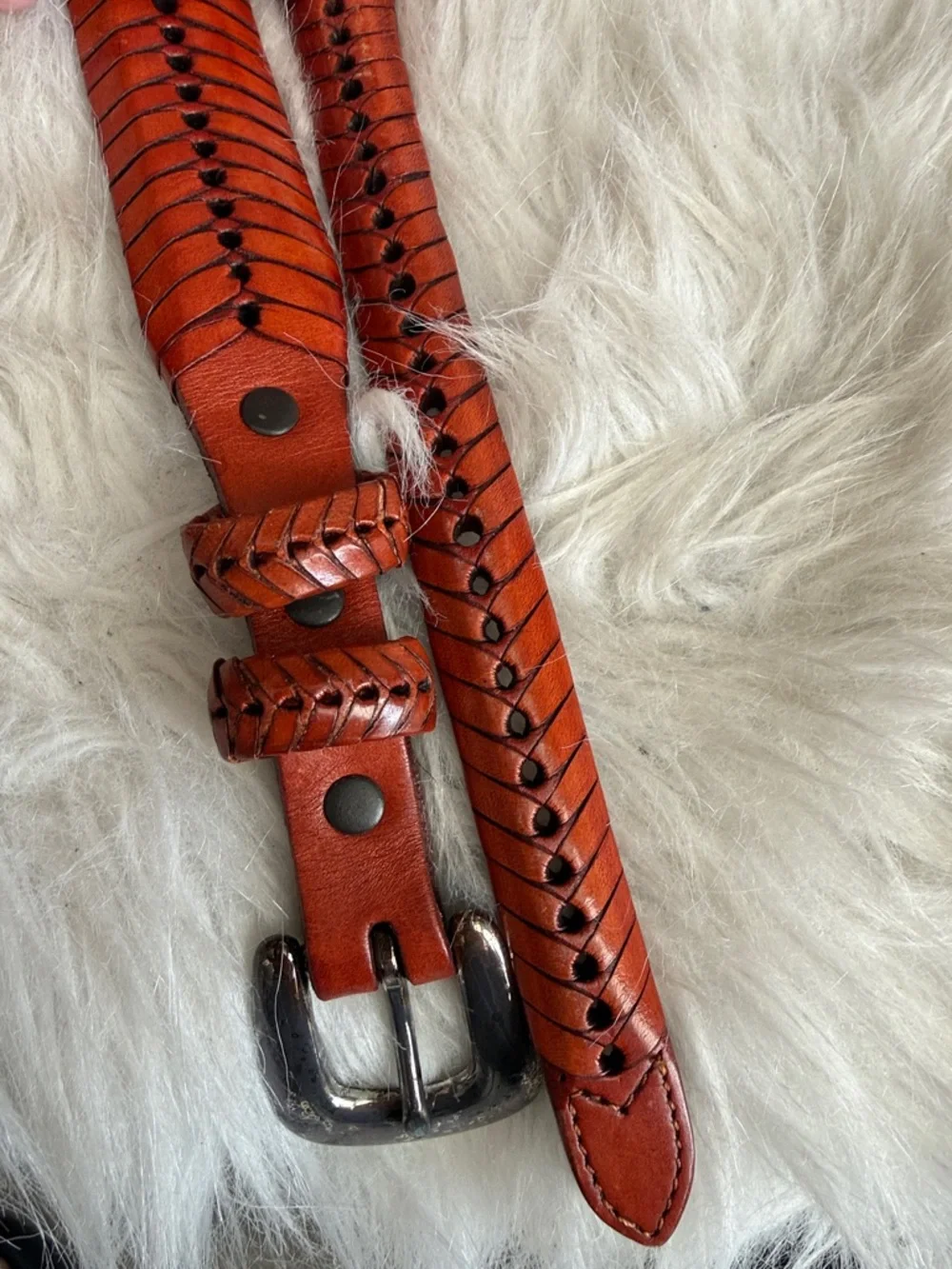 Burnt orange brown fishtail herringbone leather belt Mexican brass buckle 56